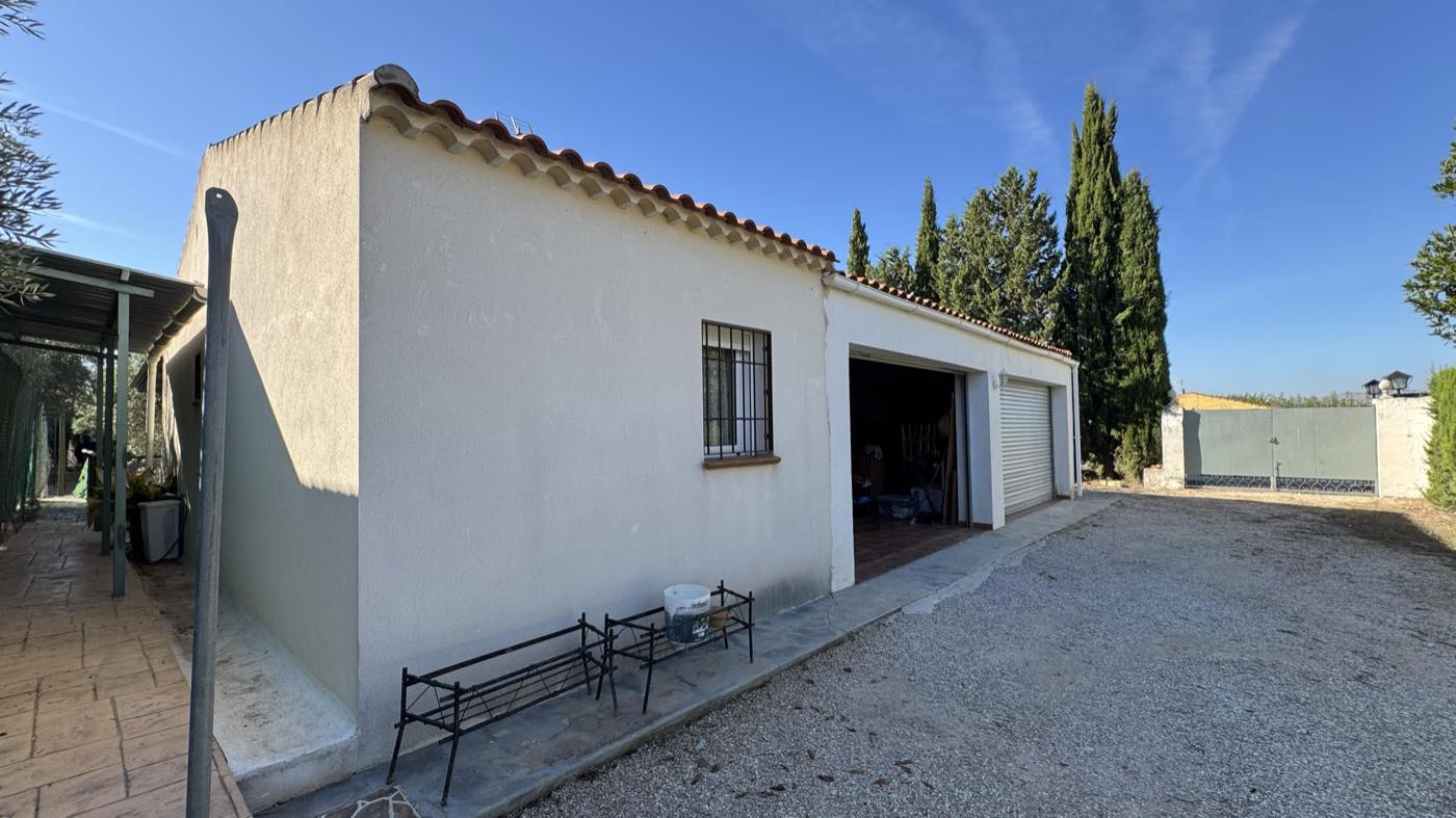 Lateral de la casa con zona pavimentada junto a la pared